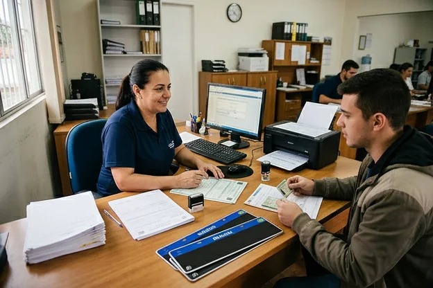 Atendente orientando cliente sobre processo de primeiro emplacamento.