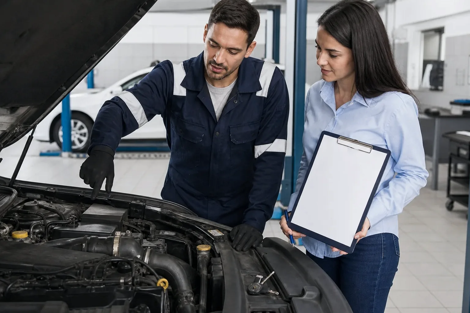 Atendente preenchendo dados do motor do cliente em sistema.