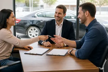 Profissional ajudando cliente com a documentação para transferência de veículo.