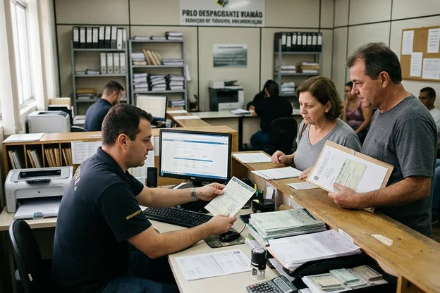 Profissional de despachante ajudando clientes com documentação de veículos.
